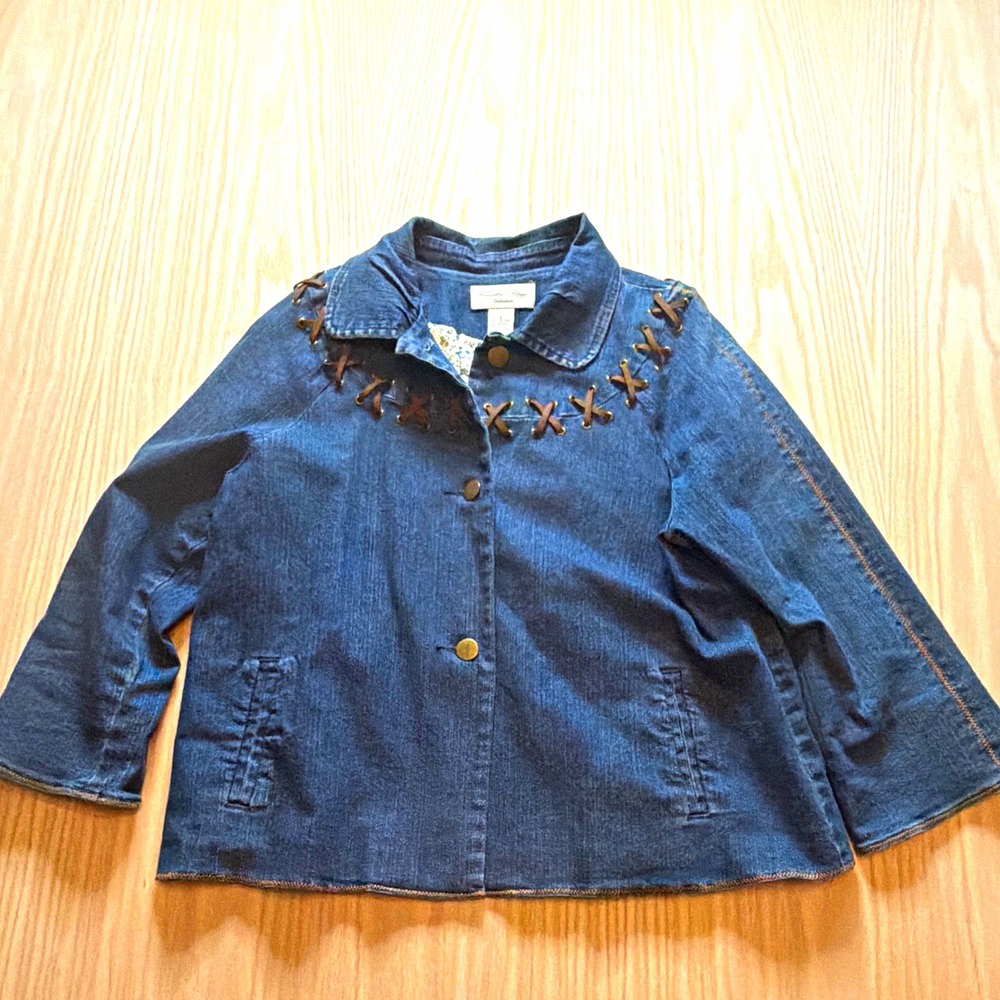 Tasha Polizzi Womens L Blue Denim Jacket Lace-Up Floral Lined Collared RN 90524
